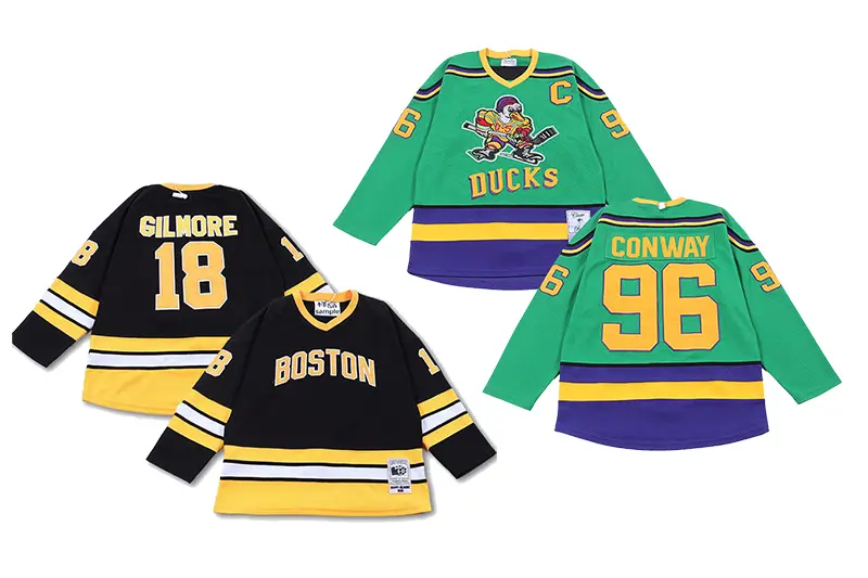 Black and green hockey jerseys shown from the front and back with player names and numbers