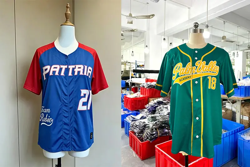 Blue and green button-front baseball jerseys displayed on mannequins in a workshop