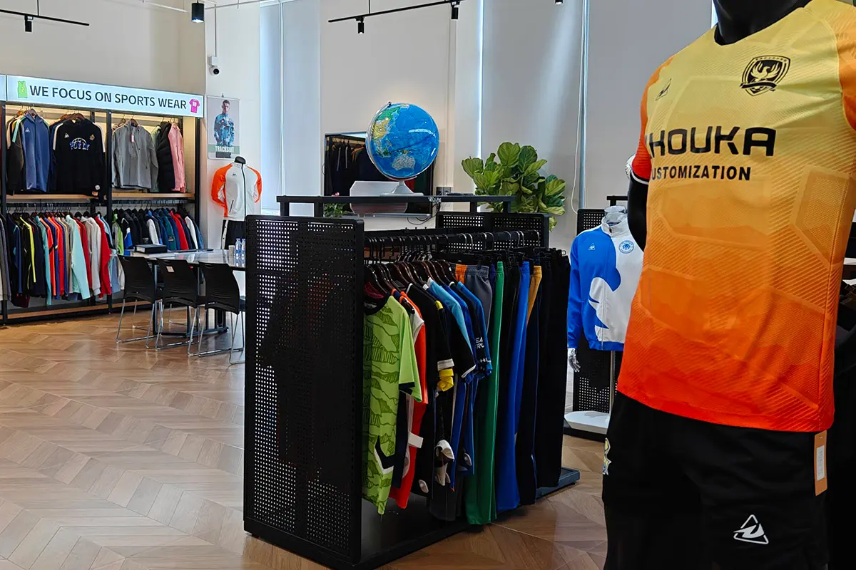 Custom jerseys displayed around a showroom meeting area