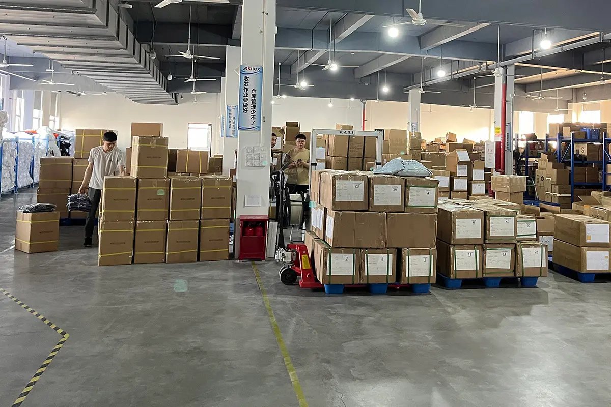 Labeled cartons grouped in the factory packing area