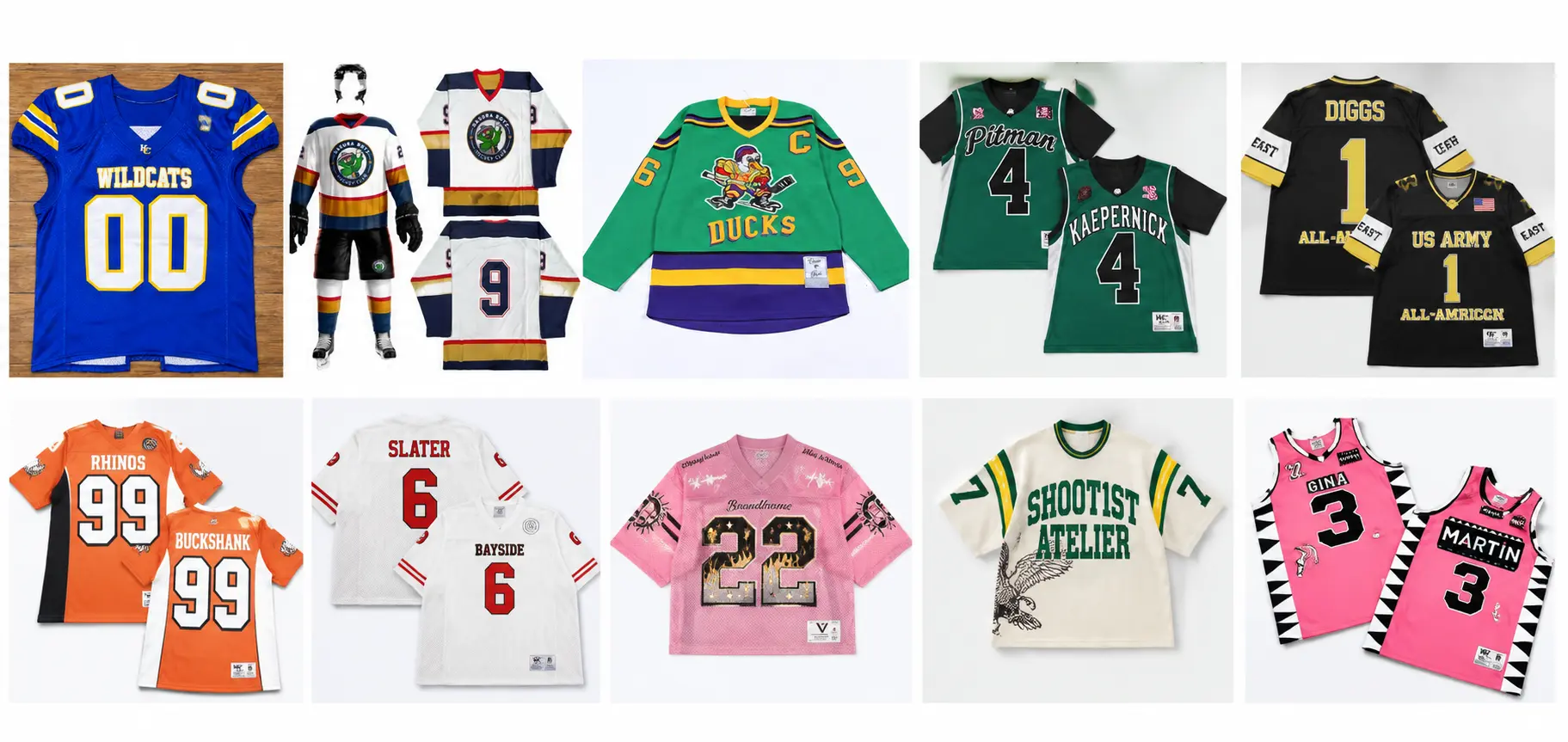 Custom hockey, American football, and basketball jerseys in different colors and designs