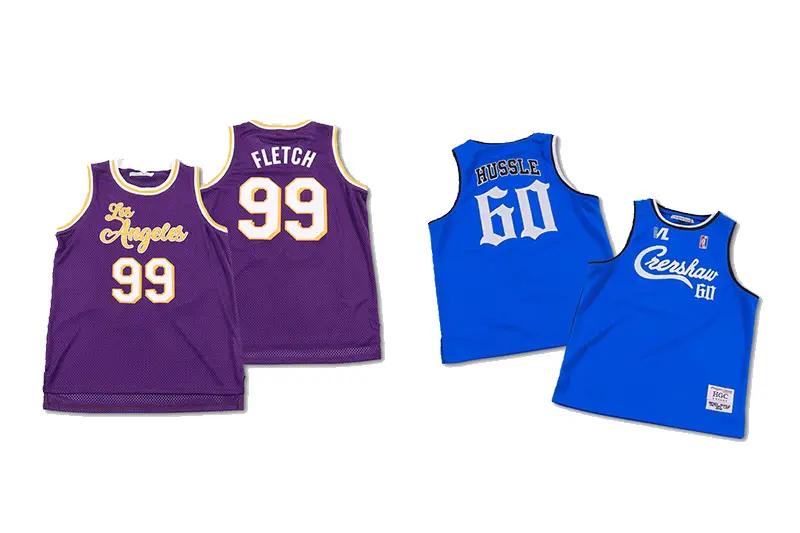 Purple and blue basketball jerseys shown from the front and back