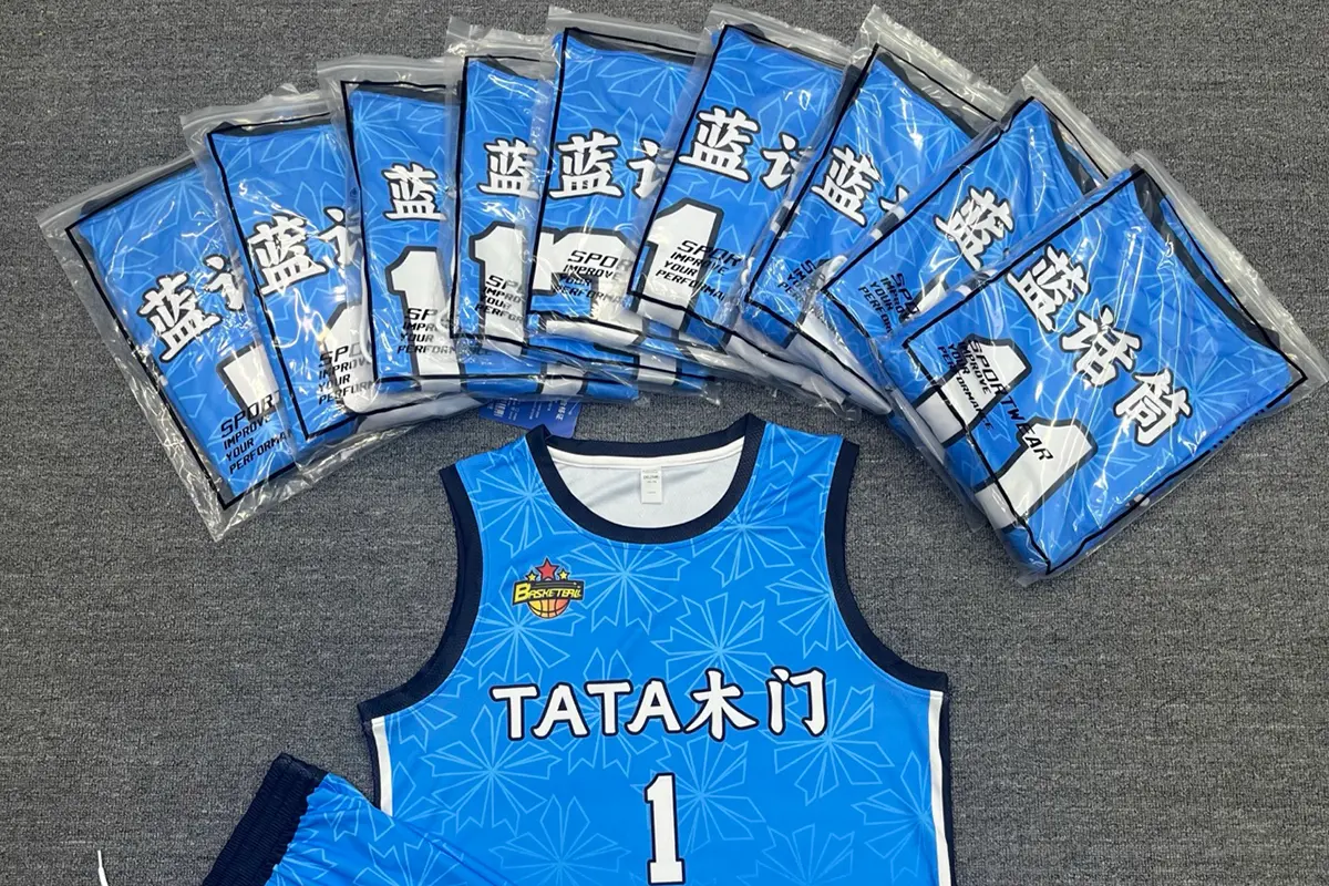 Blue basketball jersey with individually packed player sets
