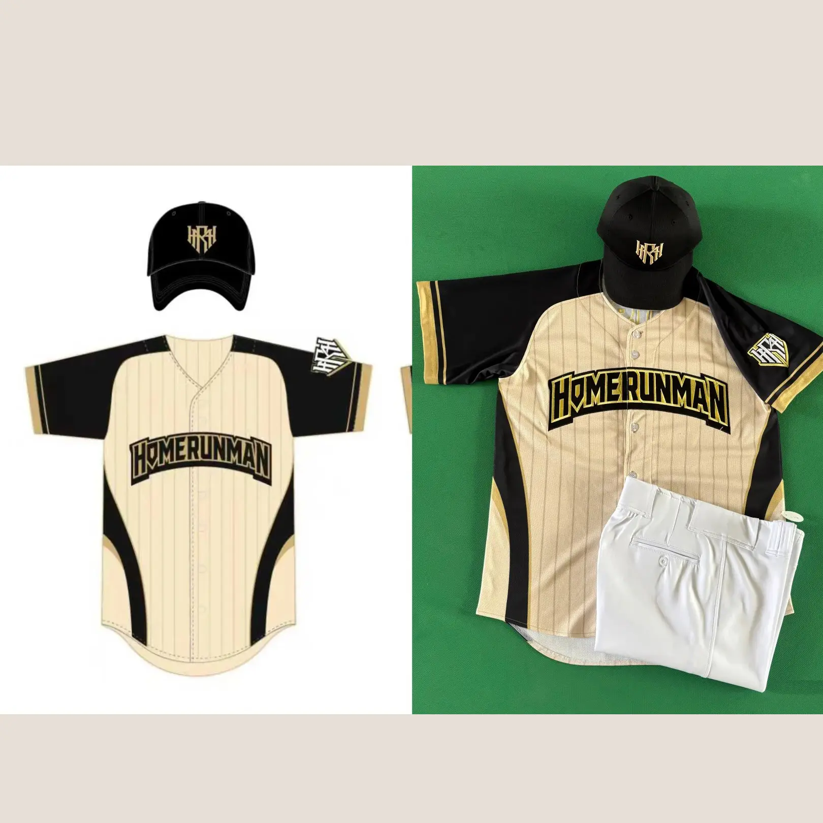 Cream black and gold button-front softball uniform design and finished set