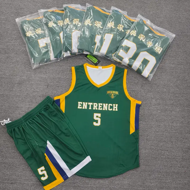 Green and yellow basketball jersey set with individually packed player uniforms