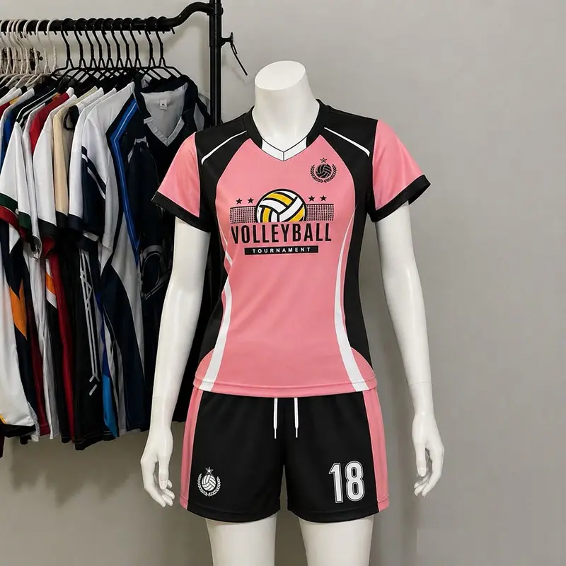 Pink and black women's volleyball jersey and shorts set
