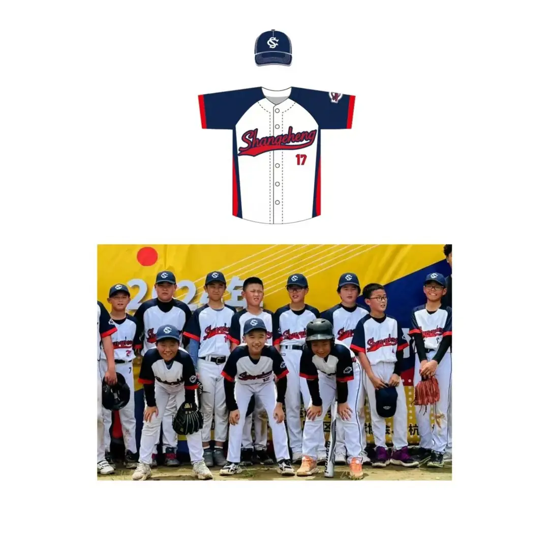 Youth baseball team in white navy and red custom uniforms
