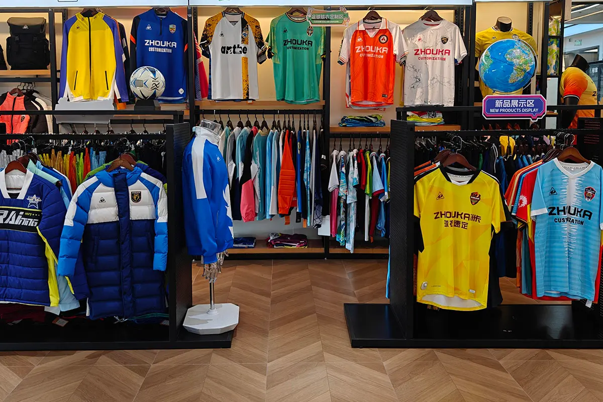 Cycling jersey samples displayed in different cuts and sleeve styles