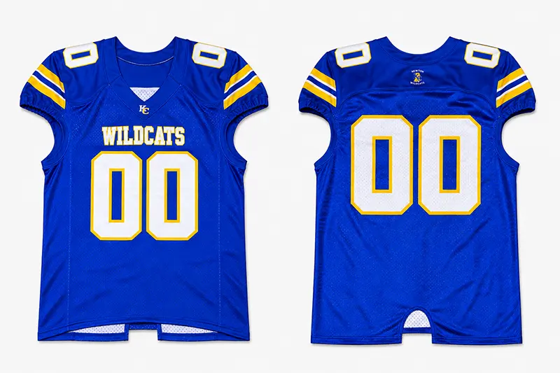 Blue American football jerseys showing padded shoulder panels and large numbers