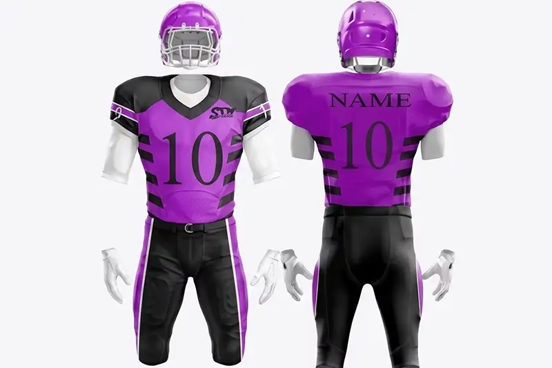 Purple American football uniform shown from the front and back with pads