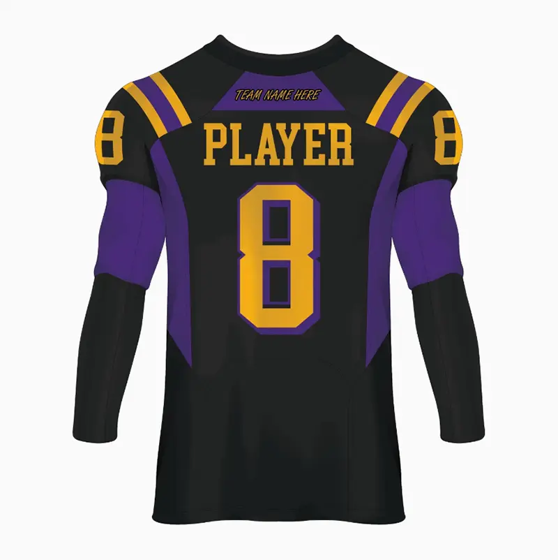 Back view of a black and purple American football jersey with player name and number 8