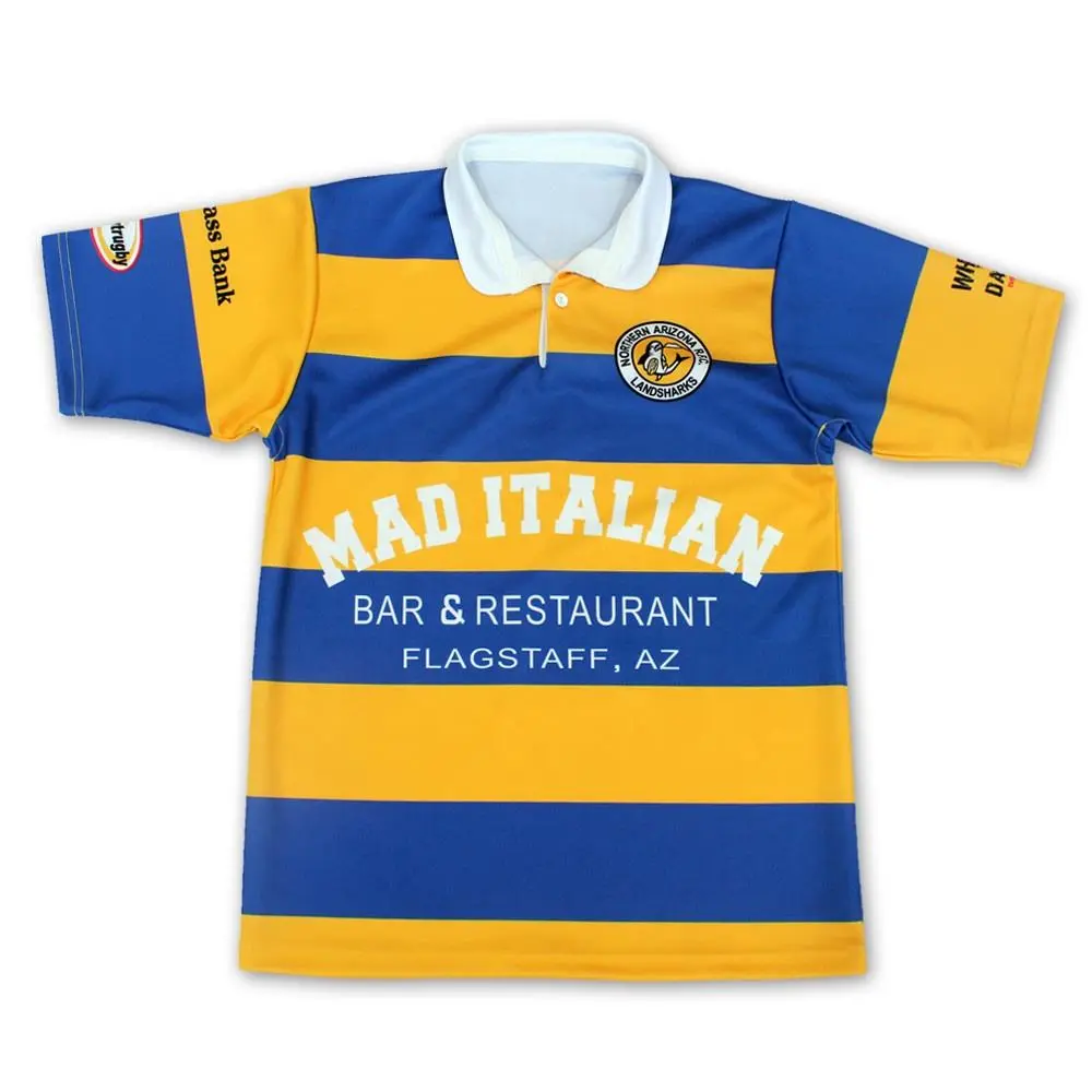 Blue and yellow striped rugby jersey with white polo collar