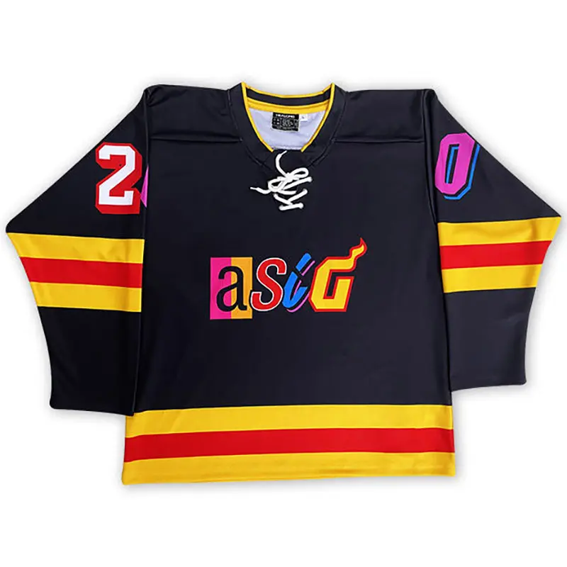 Front view of a black hockey jersey with a lace-up neck and red-yellow stripes