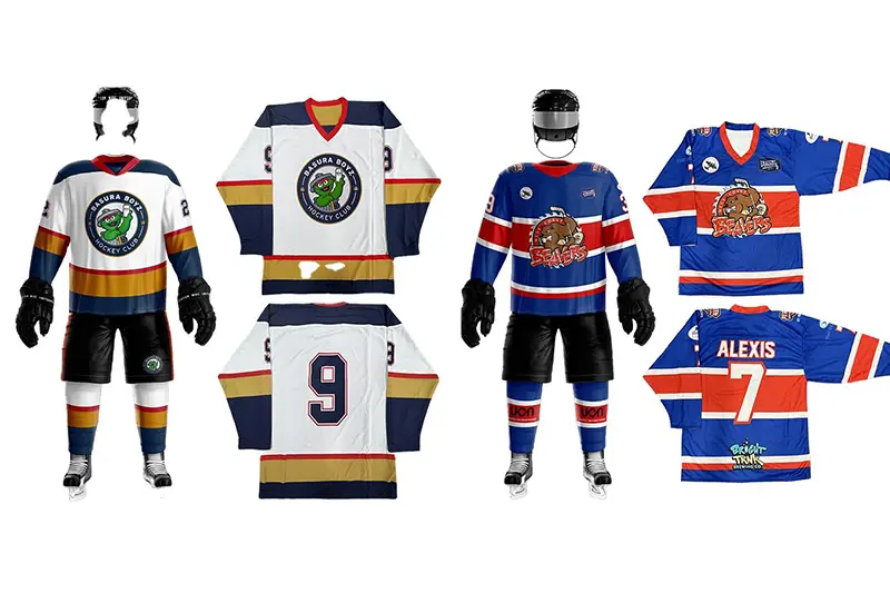 Hockey uniform displayed from the front and back with helmet and protective equipment