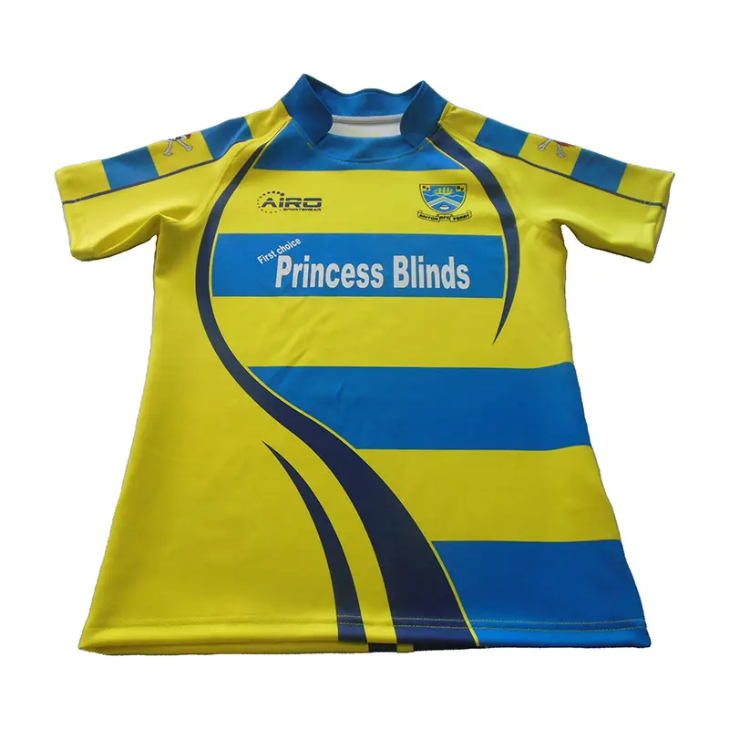 Yellow and blue rugby jersey with curved side panels