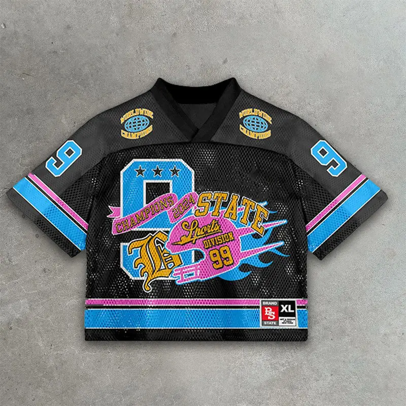 Black mesh lacrosse jersey with aqua, pink, and yellow graphics