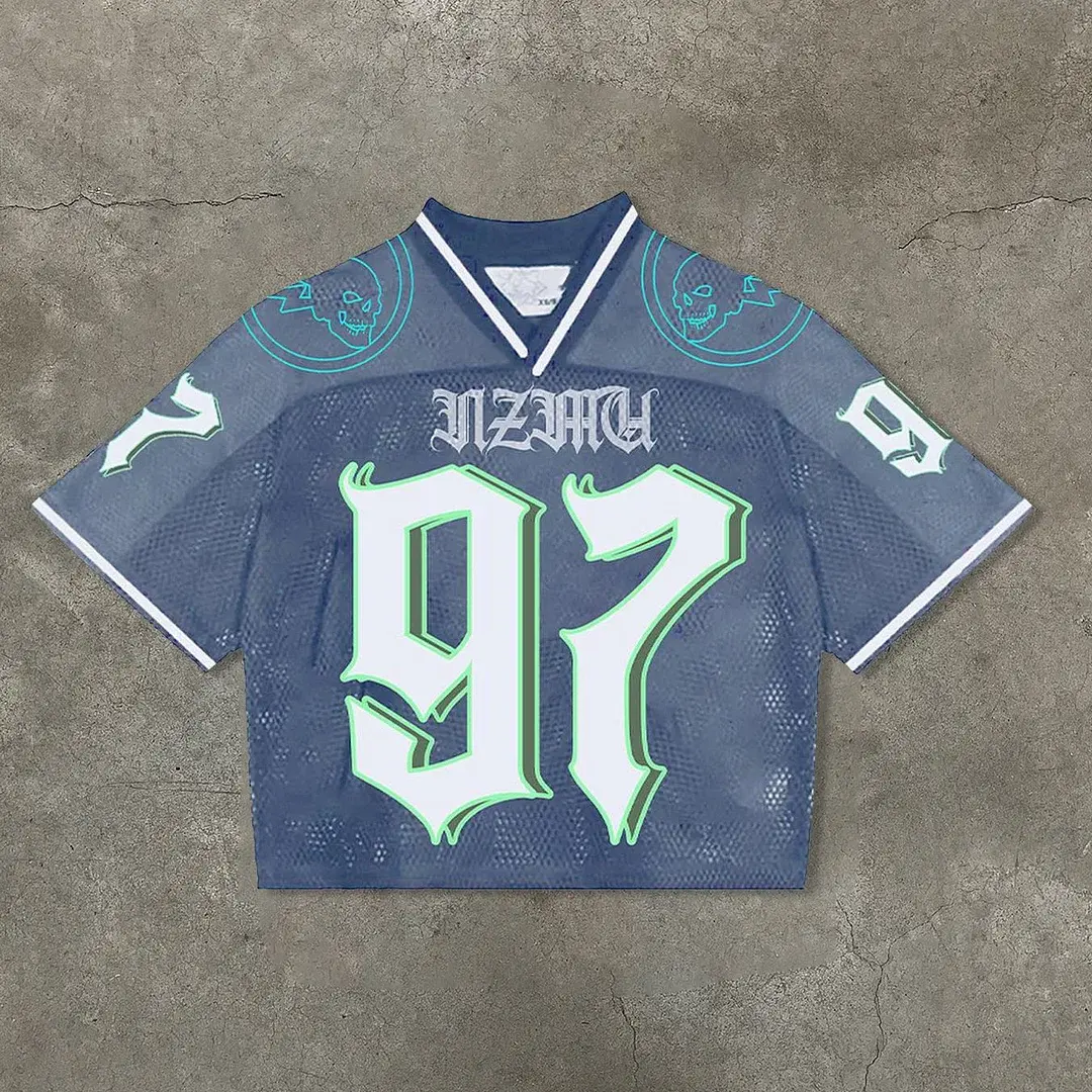 Gray and navy mesh lacrosse jersey with number 97