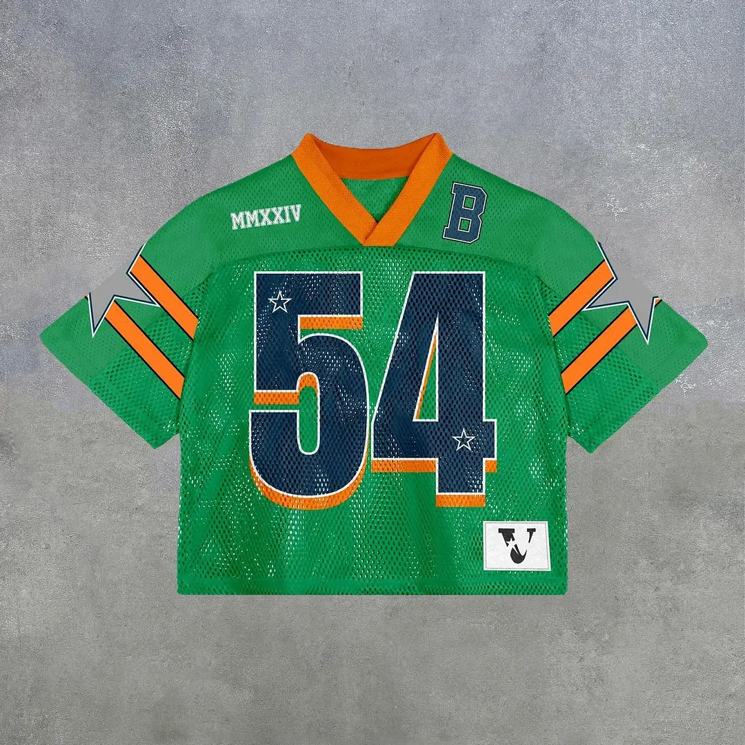 Green and orange mesh lacrosse jersey with number 54