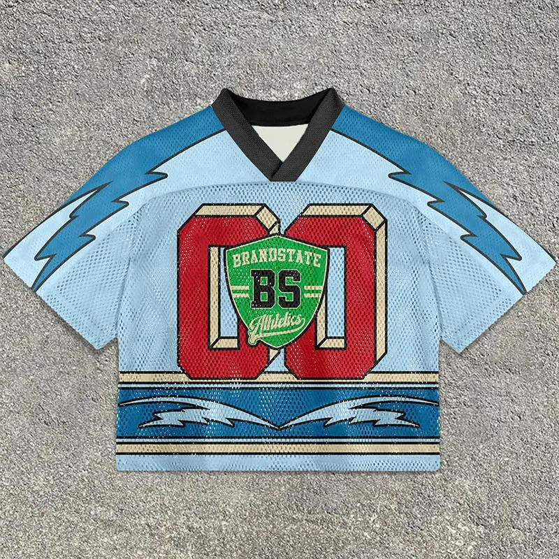 Light blue mesh lacrosse jersey with a red number graphic