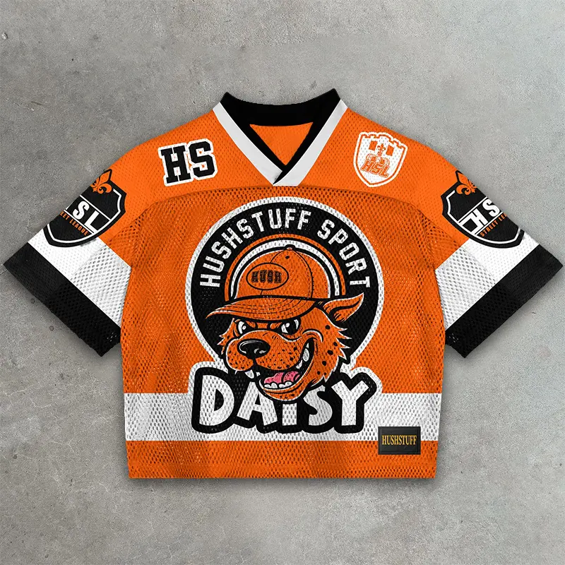 Orange, white, and black mesh lacrosse jersey with a mascot graphic