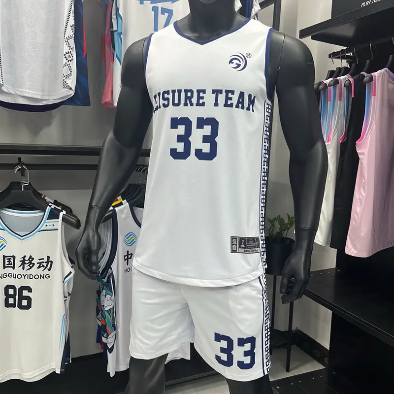 Front of a white basketball jersey and shorts set with purple trim