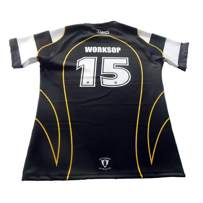 Back of black rugby jersey with yellow piping and number 15