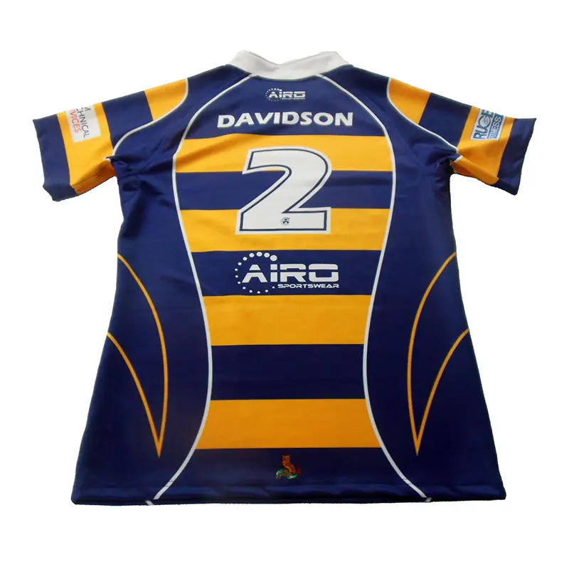 Back of blue and yellow rugby jersey with player name and number 2