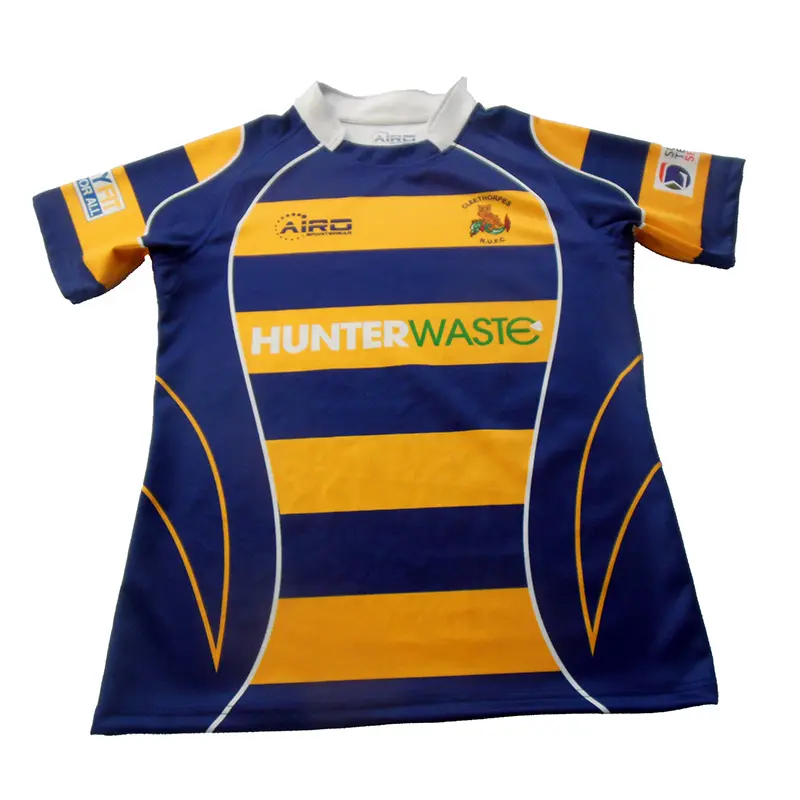 Navy and yellow striped rugby jersey with white collar