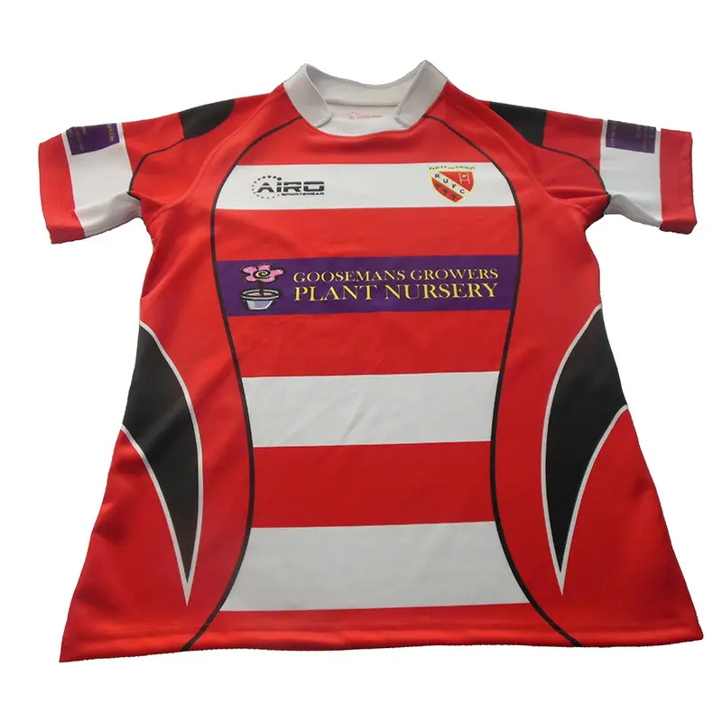 Red white and black striped rugby jersey front
