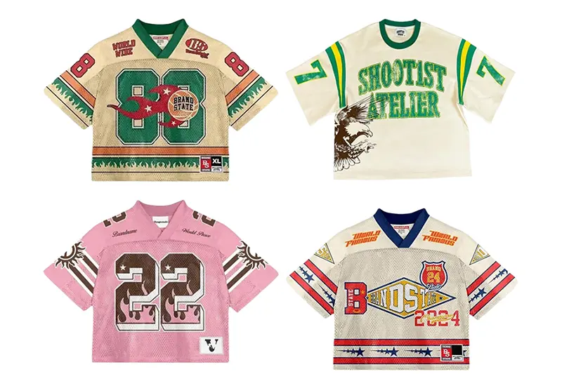 Four jersey designs showing number, sponsor, and panel placements