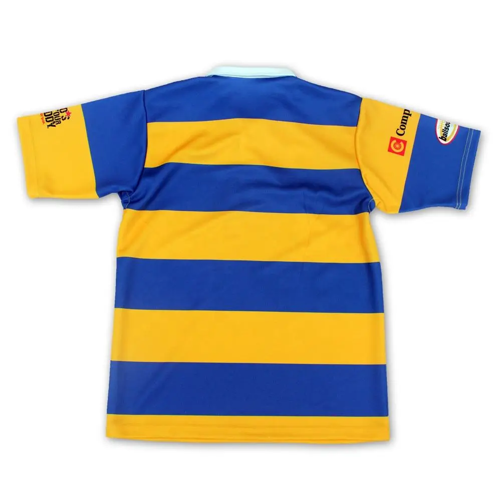 Back of blue and yellow striped rugby jersey