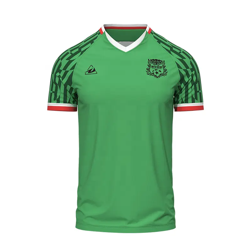 Front view of a green soccer jersey with patterned sleeves and a crest