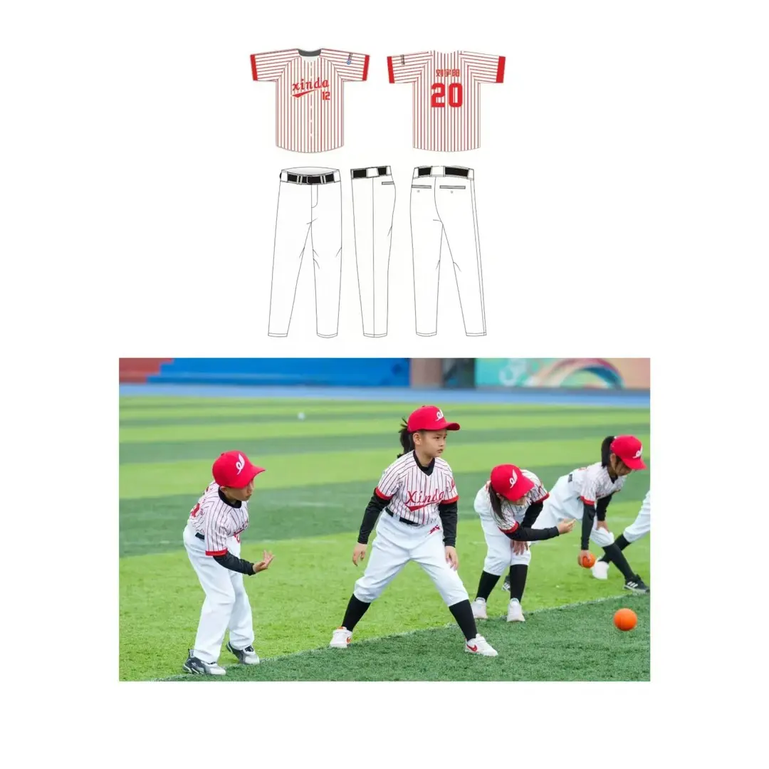 Youth baseball team in red pinstripe jerseys and white pants