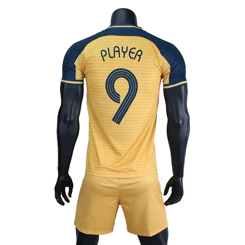 Back view of a yellow and navy soccer kit with player name and number 9