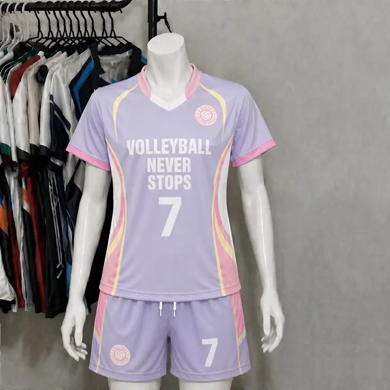 Lavender and pink volleyball uniform with number 7