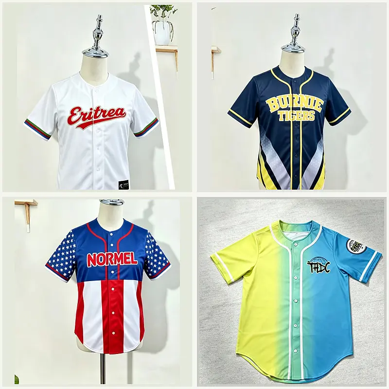 Four custom full-button baseball jersey designs