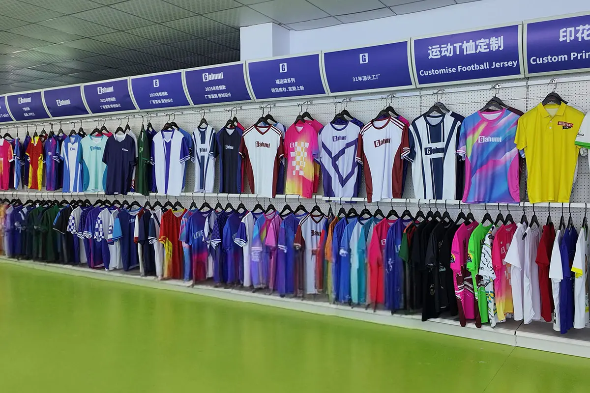 Custom printed jerseys arranged by product style