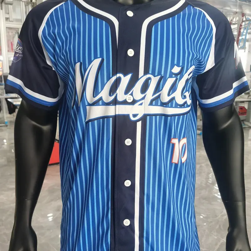 Front of a blue and navy pinstripe softball jersey with buttons