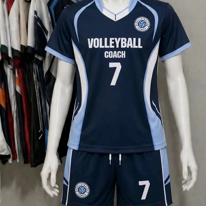 Navy and light blue volleyball coach uniform with number 7