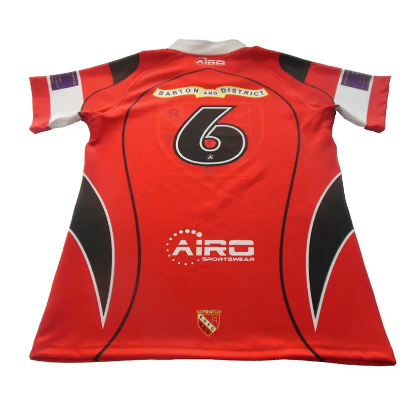 Back of a red and black rugby jersey with number 6