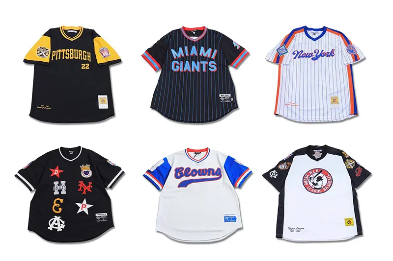 Six baseball jersey styles with button fronts, pinstripes, chest lettering, and sleeve patches