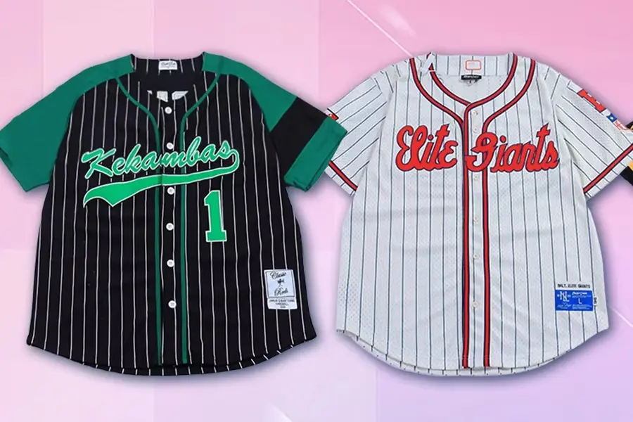Black and white pinstripe softball jerseys with button fronts and chest lettering