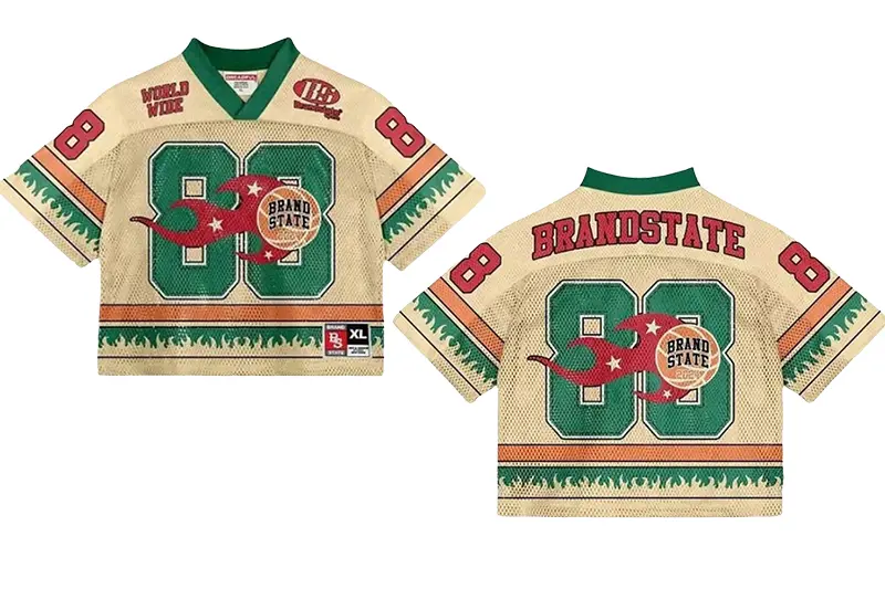 Cream, green, and red lacrosse jersey shown from the front and back with number 89