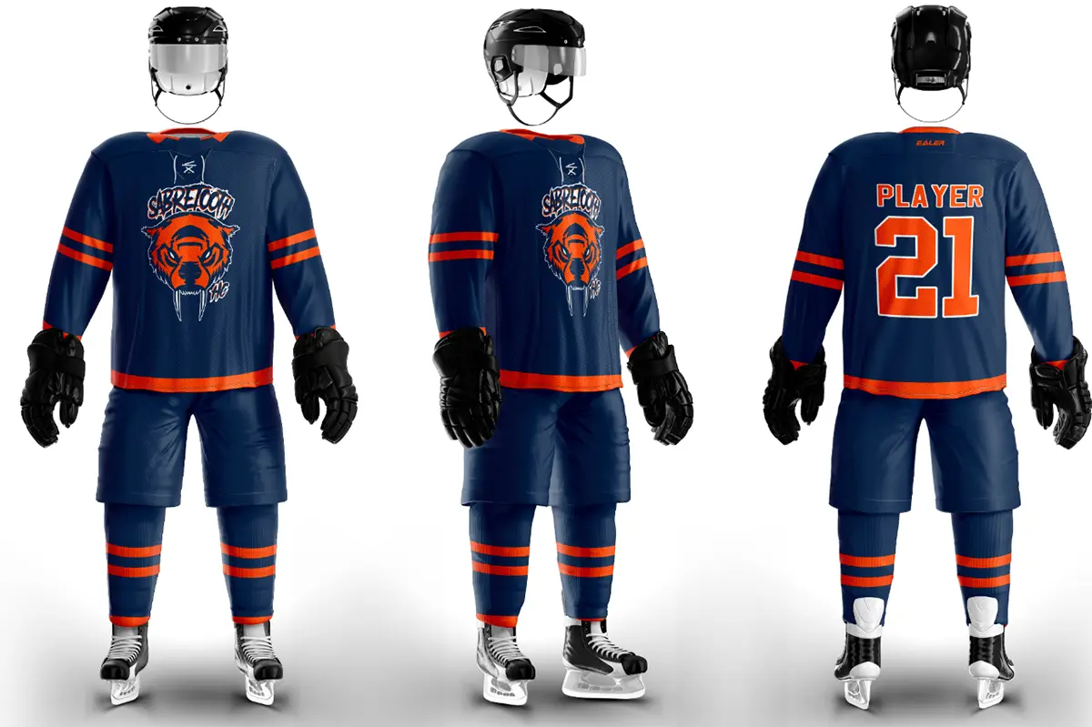 Navy and orange hockey uniform shown from the front, side, and back with helmet, gloves, and skates