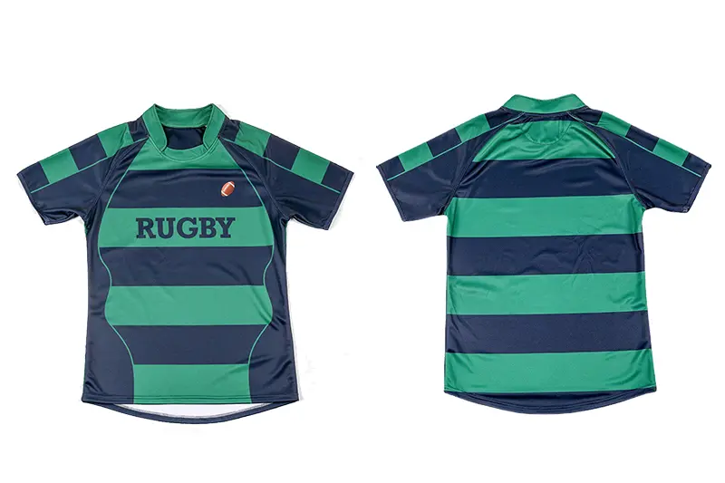 Navy and green striped rugby jersey shown from the front and back