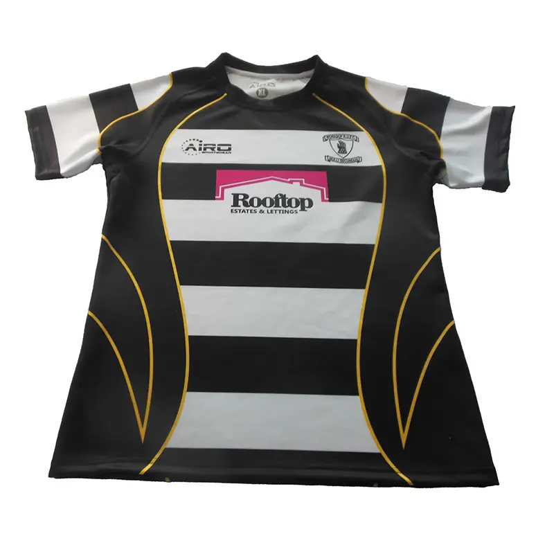 Black and white striped rugby jersey with yellow trim