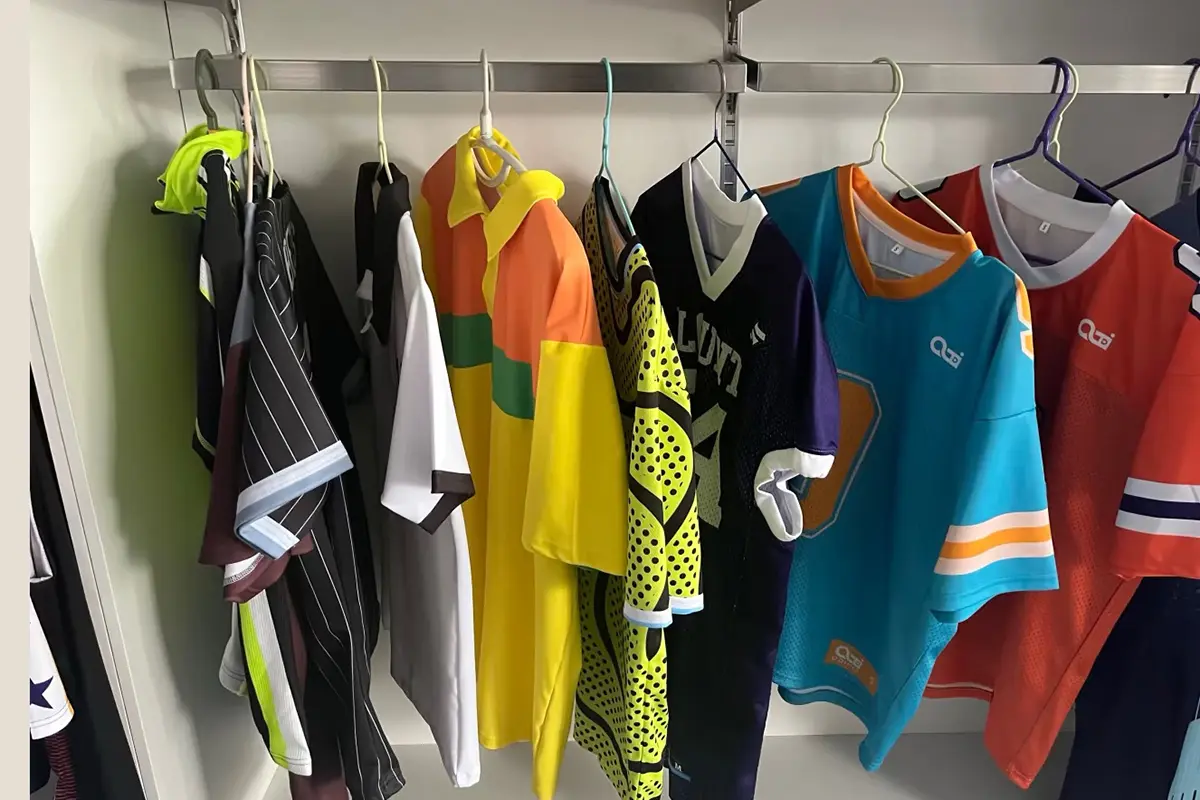 Club jersey samples with polo, V-neck, crew-neck, short-sleeve, and sleeveless cuts