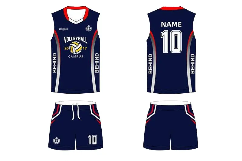 Navy volleyball jersey and shorts shown from the front and back
