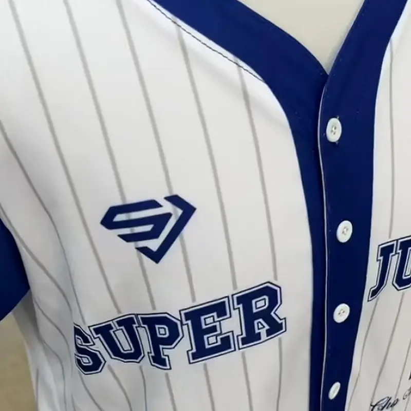 Layered chest lettering beside a baseball jersey button placket
