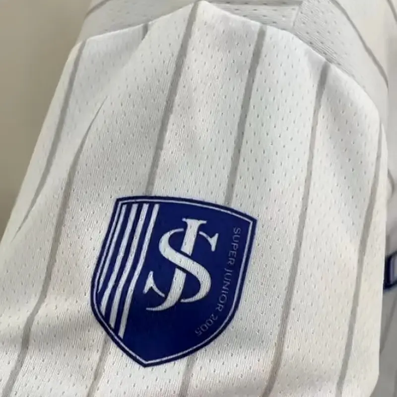 Embroidered shield patch on a pinstripe baseball jersey sleeve